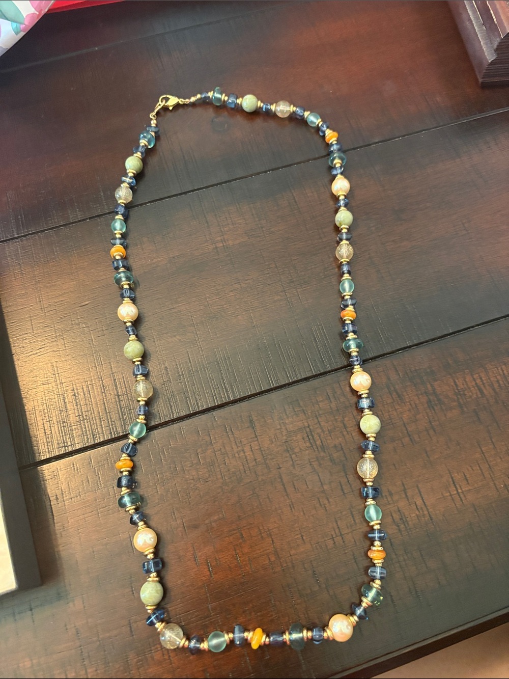 Handcrafted Multicolor Beaded Necklace - Blue, Green & Gold Accents
